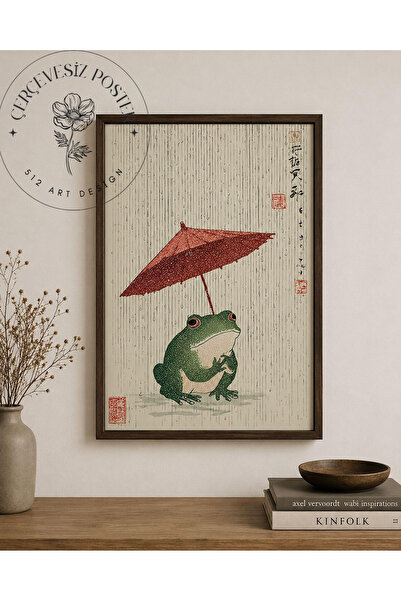 512 STORE Japon Vintage Kırmızı Şemsiyeli Kurbağa İllüstrasyon Estetik Tasarı...