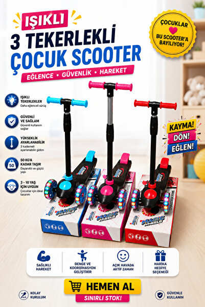 Sıraç İthalat Işıklı 3 Tekerlekli Çocuk Scooter Ayarlanabilir Gidonlu LED Tek...
