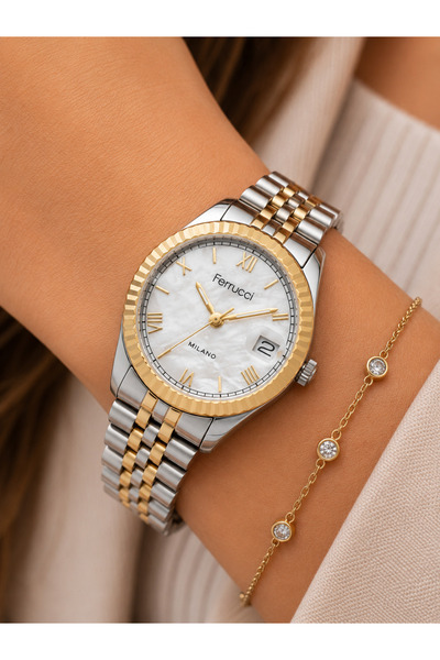 Ferrucci Women's Wristwatch Steel Band with Calendar Silver-Gold Color Casual...
