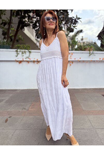 DenizEge Italian Bohemian Lined Strap Lace Dress White