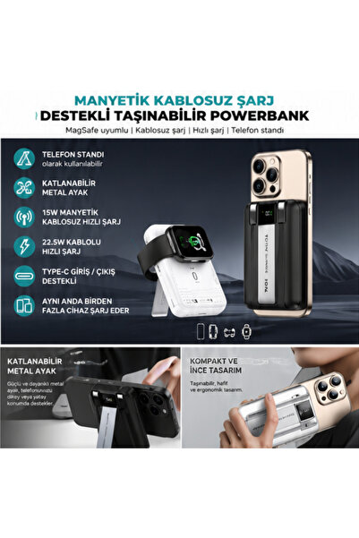Totu PB-1019 10000 mAh Standlı ve Kendinden Kablolu 20W PD QC 3.0 MagSafe Manyetik Kablosuz Hızlı Şarj Destekli Slim Powerbank