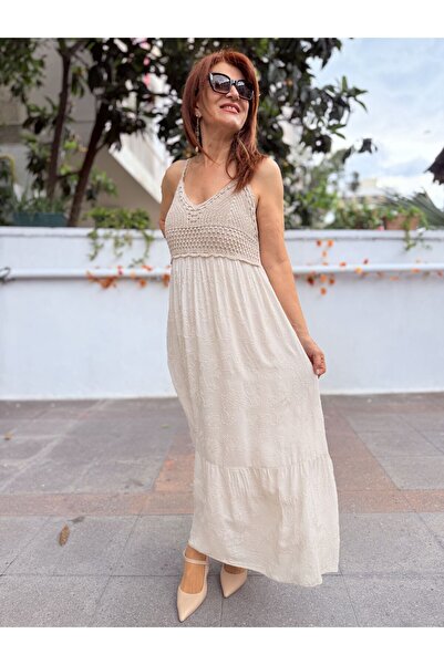 DenizEge Italian Bohemian Lined Strappy Lace Dress Beige