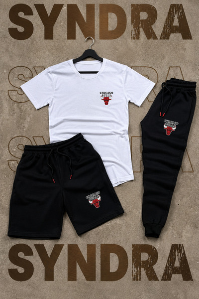 Syndra Chicago Printed White T-Shirt - Black Slim Fit 3-Piece Shorts-Sweatpan...