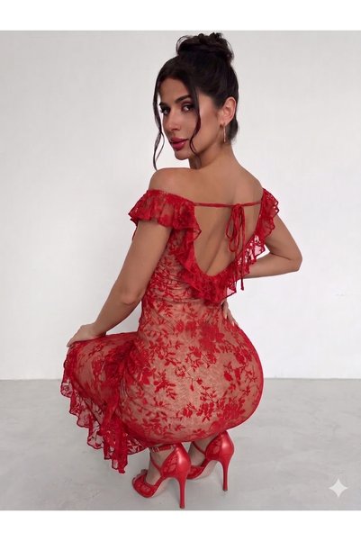my cherie Kırmızı Astarlı Dantelli Elbise Yazlık