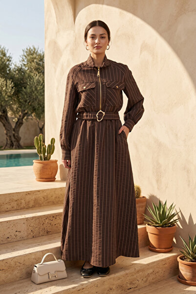 Missemramiss Belted Half Zipper Double Pocket Chic Line Striped Dress 5161 Brown