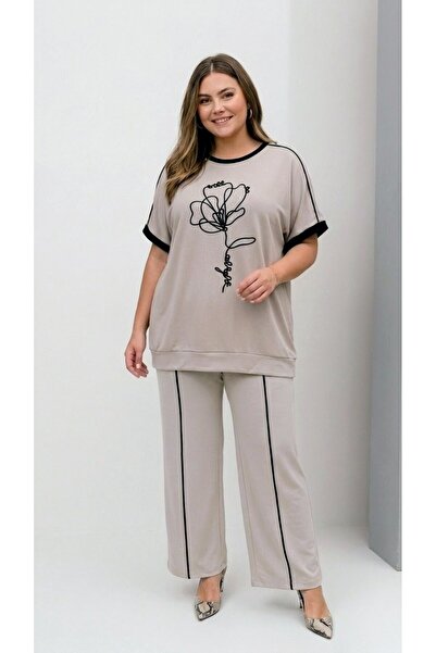 Koza Butik Women's Plus Size Short Sleeve Embroidered Floral Detailed Wide Le...