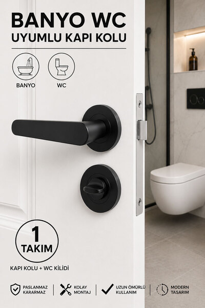 Badem10 Özen ALM Kayı Yuvarlak Rozetli Banyo WC Kapı Kolu Mat Siyah Modern Ta...