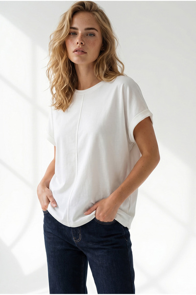 Olalook Tricou de damă din bumbac, alb, model Yarasa, cu mâneci pliate, croia...