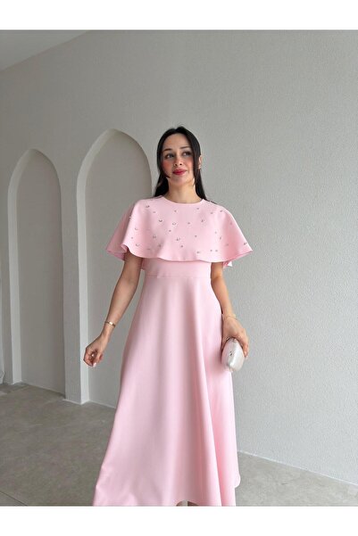 Mooi Butik Tate Stoned Cape Midi Dress 4387 - Powder