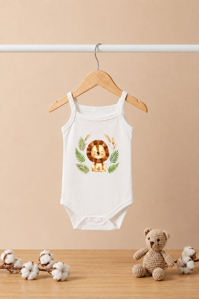 bebeqon 100% Cotton Lion Printed Baby Strap Bodysuit White