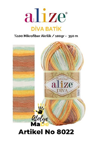 Alize Diva Batik 8022 %100 Mikrofiber Akrilik (100gr 350m) Tek Yumak 17 farkl...
