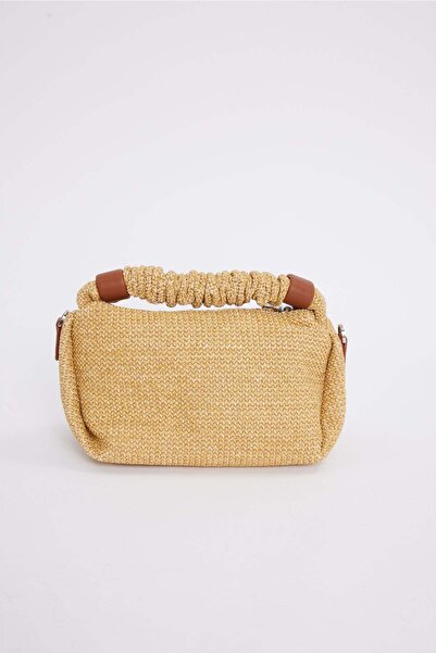 Tudors Women's Tan Leather Detailed Zippered Straw Knitted Hand and Shoulder Bag