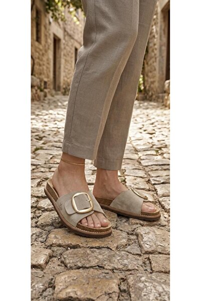 Ceyo Vera Gold Buckle Cork Sole Genuine Leather Suede Slippers