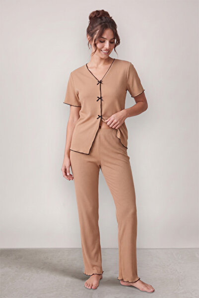 BELLA NOTTE Brown Seasonal V-Neck Cotton Bow Detailed Pajama Set