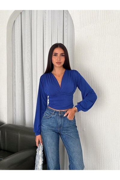 hiraz fashion بلوزة نسائية من قماش ساندي الأزرق بياقة على شكل حرف V وأكمام بالون