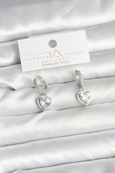 USLUCAN ALIŞVERİŞ Brass Silver Color Zircon Stone Heart Model Women's Earrings