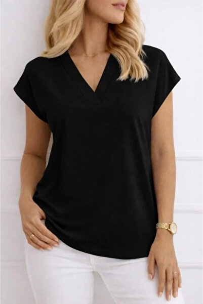 USLUCAN ALIŞVERİŞ Women's V-Neck Short Sleeve Woven Viscose Fabric Blouse