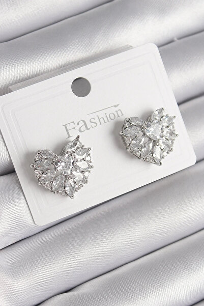 USLUCAN ALIŞVERİŞ Brass Silver Color Zircon Stone Heart Model Women's Earrings
