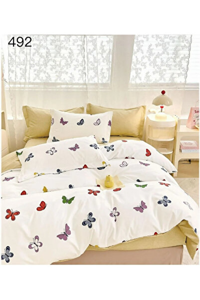 East Comfort Set de lenjerie de pat 6 piese, flanelă, alb cu fluturi colorați...