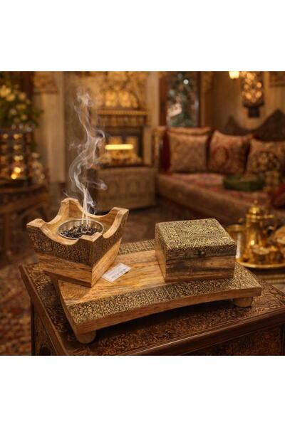 Lavera Splendid Wooden Incense Burner with Tray - Elegant Arabic Engravings