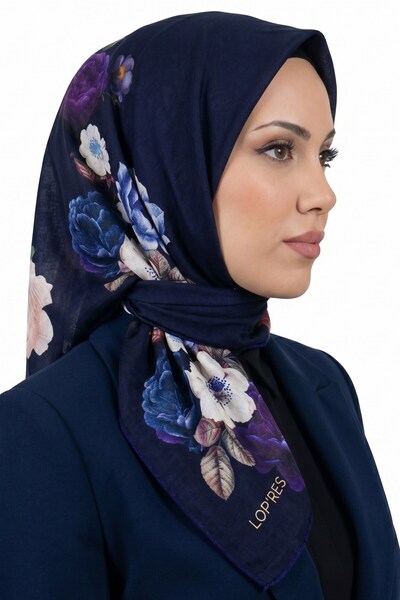 hadiora Women's Navy Blue Floral Patterned Organic Cotton Soft Scarf