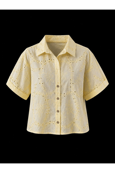studio fashion 1988 Yellow 100% Cotton Scallop Embroidered Short Sleeve Shirt