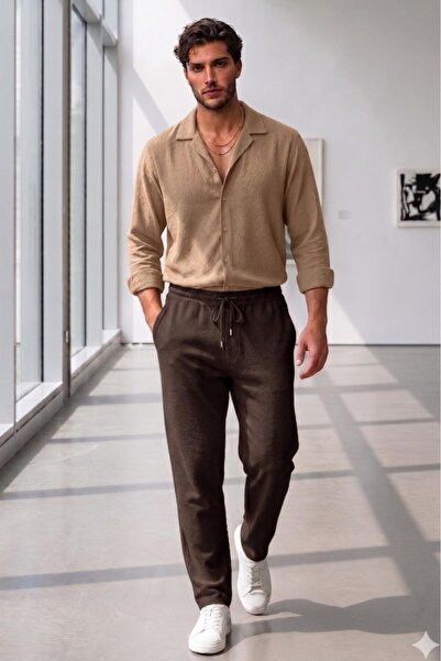 NO 601 Men's Beige Crepe Fabric Shirt and Brown Crepe Trousers Set
