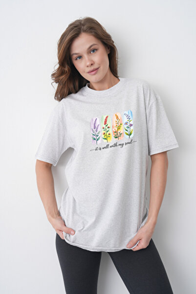 TREND EMMODA Tricou casual gri cu gât rotund, cu imprimeu floral, cu efect de...