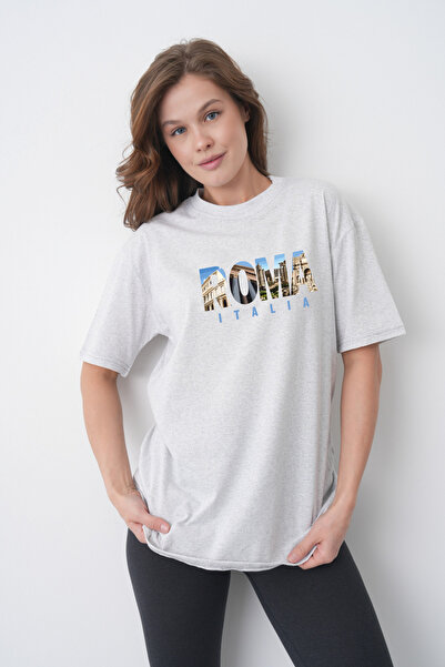 TREND EMMODA Tricou casual gri cu gât rotund, cu imprimeu Scenă Colosseum, Ro...