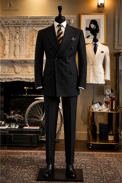 ilayda emir Black Double-Breasted Swallow Collar Striped Men's Suit