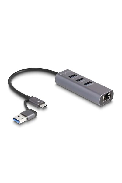 DELOCK Hub USB cu 3 porturi, 5 Gbps + LAN Gigabit cu USB Type-C