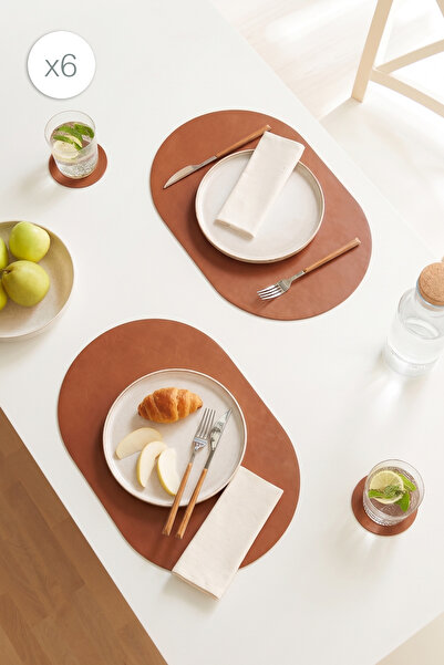 Homewave 6 Pieces Tan/Grey Faux Leather Tableware Presentation Plate Coaster ...