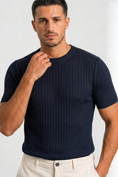 Abruzzo Ανδρικό μπλουζάκι Navy Blue Knitwear με κοντό μανίκι και λαιμόκοψη πο...