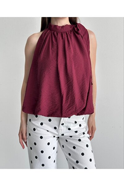 Lovely butik Women's Halter Neck Halter Tie Satin Textured Crinkle Blouse