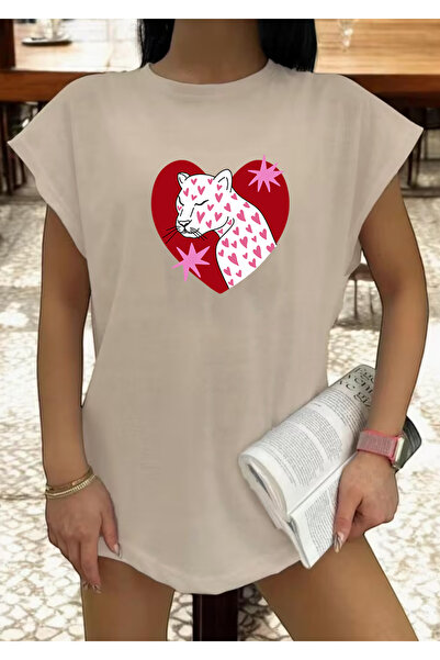SUNFREE Heart Tiger Printed Zero Sleeve Oversize Women's Tshirt