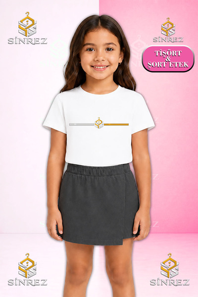 SİNREZ Girl's Set Logo Side One Line Printed Short Sleeve T-Shirt Shorts Skirt