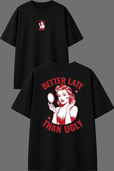 VSRN تي شيرت أسود كبير الحجم مطبوع من الأمام والخلف بتصميم Better Late Than