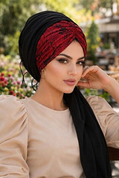 Aişe tesettür Black Burgundy Rose Pattern Ready-To-Wear Shawl