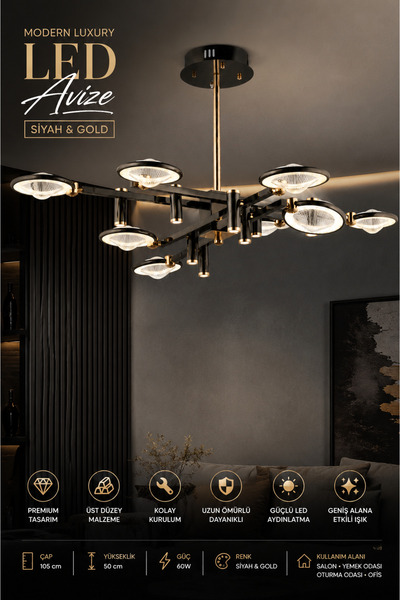 Elvora Home Modern (PREMIUM) Gold Siyah LED Avize 8 Kollu Luxury Salon Yemek ...