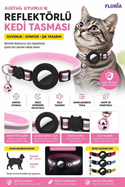 Floria Reflektörlü AirTag Kedi Tasması - Zilli Güvenlik Tokalı Tasma