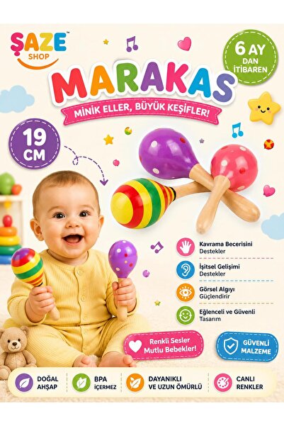 SAZE Ahşap Marakas Oyuncak Bebek Çıngırağı 19 CM – Renkli Eğitici Ritm Oyunca...