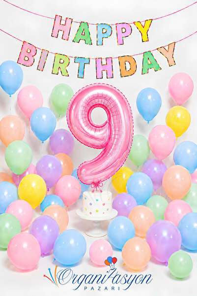Organizasyon Pazarı 9Th Birthday Concept Macaron Colors Pink Number Foil Ball...