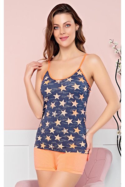 FIRST STYLE Turkish Home Set Cute Shorts in Orange Color and Printed Blouse