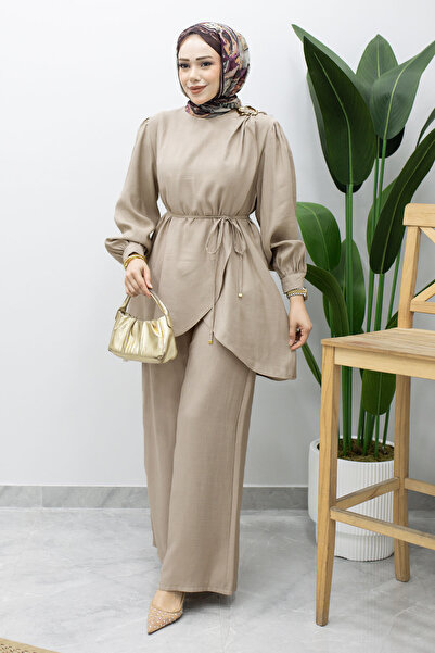Tesettür Dünyası Asymmetrical Cut Brooch Suit Tsd260228 Mink