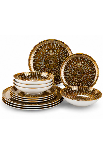 mastergold 12-Piece Gold Brown Porcelain Dinner Set for 4 Persons | Elegant G...