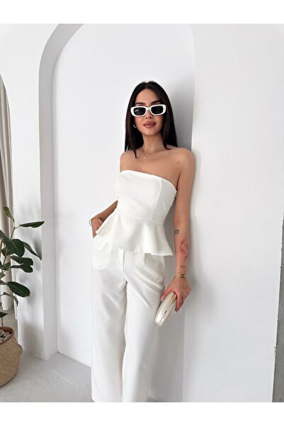 By Kuzey Aras Women's Stylish Strapless Blouse Set with Flounce Details