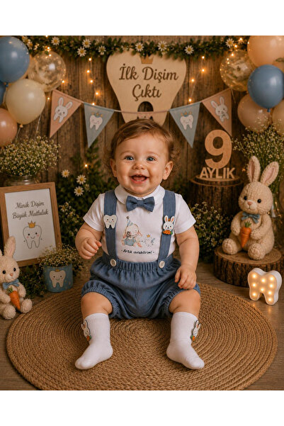 Feriatolye Diş Buğdayı Baby Boy Salopet Shirt Bow Tie Socks Set Set