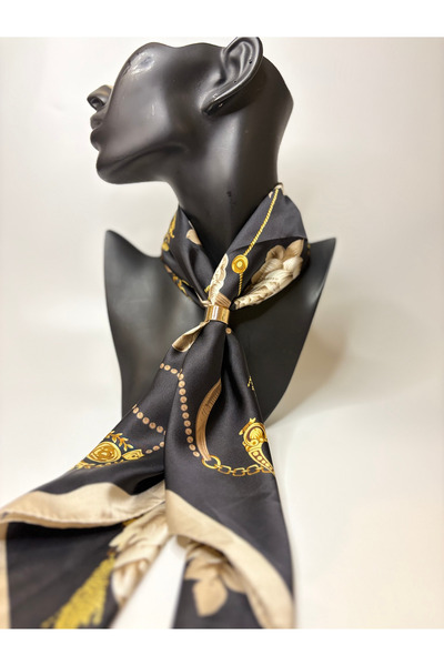BHR AKSESUAR Chain Rope and Rose Patterned Double-Sided Scarf with Gold Ring ...
