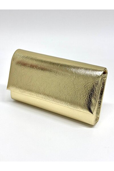 NAZART Kadın Kırışık Cilt Gold Altın Abiye Clutch Zincir Askılı El ve Omuz Düğün Nişan Gece Çantası
