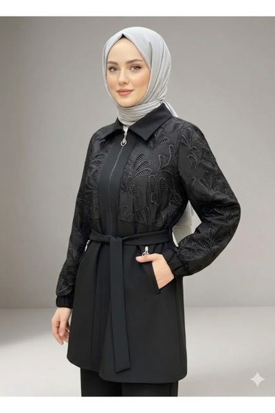 selinada Kadın Yaprak Desenli Pul İşlemeli Kemerli Krep Kumaş Giyçık Kap Tunik